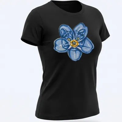 Watercolor forget-me-not flower in soft blue, yellow, and green tones — printed on a women's shirt