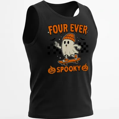 Cartoon ghost on skateboard with text 'FOUR EVER SPOOKY' in Halloween colors — printed on a tank top