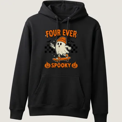 Cartoon ghost on skateboard with text 'FOUR EVER SPOOKY' in Halloween colors — printed on a unisex hoodie