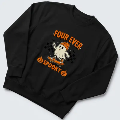 Cartoon ghost on skateboard with text 'FOUR EVER SPOOKY' in Halloween colors — printed on a unisex sweatshirt