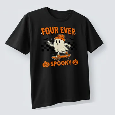 Cartoon ghost on skateboard with text 'FOUR EVER SPOOKY' in Halloween colors — printed on a unisex t-shirt (angled view)