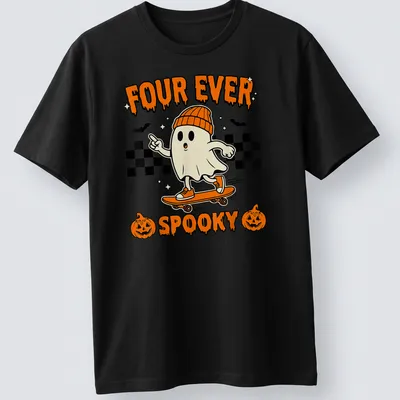 Cartoon ghost on skateboard with text 'FOUR EVER SPOOKY' in Halloween colors