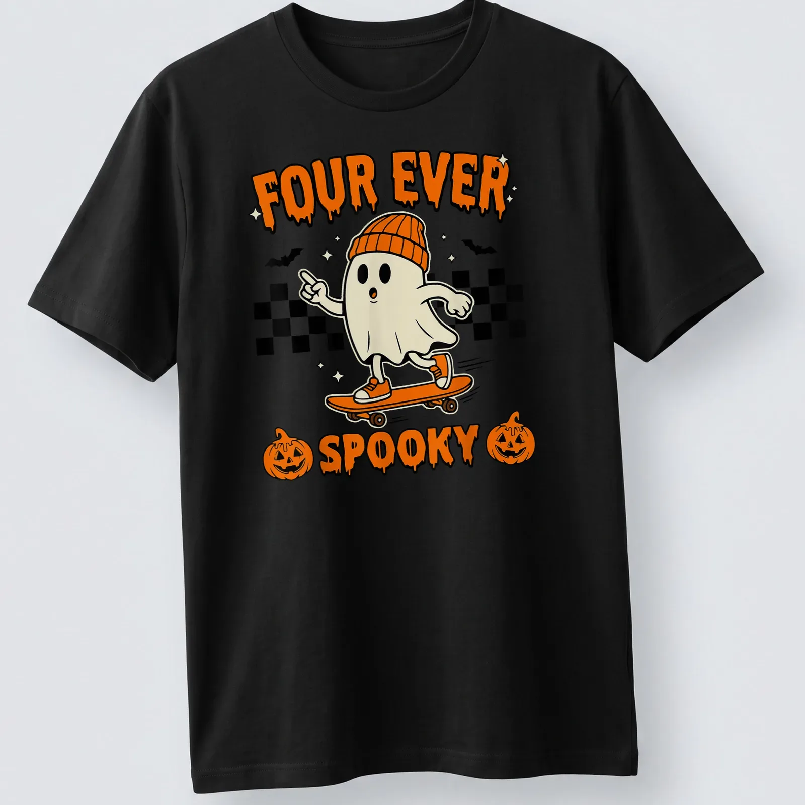 Cartoon ghost on skateboard with text 'FOUR EVER SPOOKY' in Halloween colors — printed on a unisex t-shirt