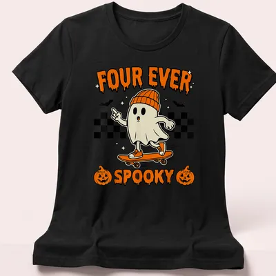 Cartoon ghost on skateboard with text 'FOUR EVER SPOOKY' in Halloween colors — printed on a women's shirt
