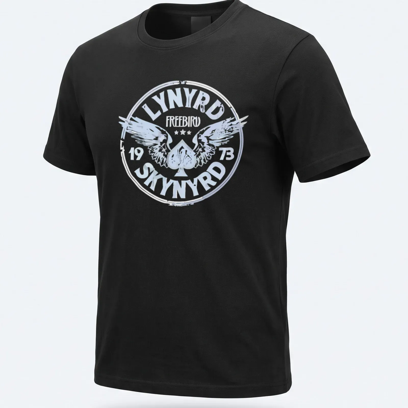 Vintage distressed Lynyrd Skynyrd logo t-shirt with wings and 1973 text — printed on a unisex t-shirt