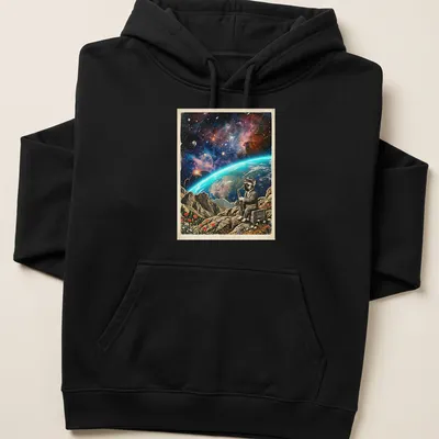 French Bulldog saxophonist in cosmic colors playing the saxophone. — printed on a unisex hoodie