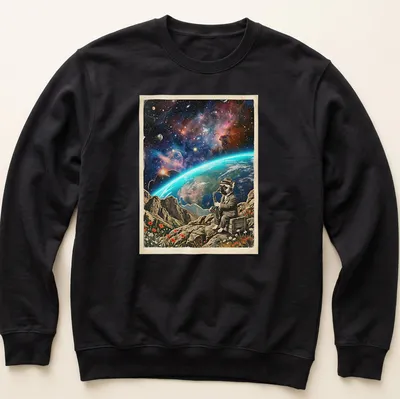 French Bulldog saxophonist in cosmic colors playing the saxophone. — printed on a unisex sweatshirt