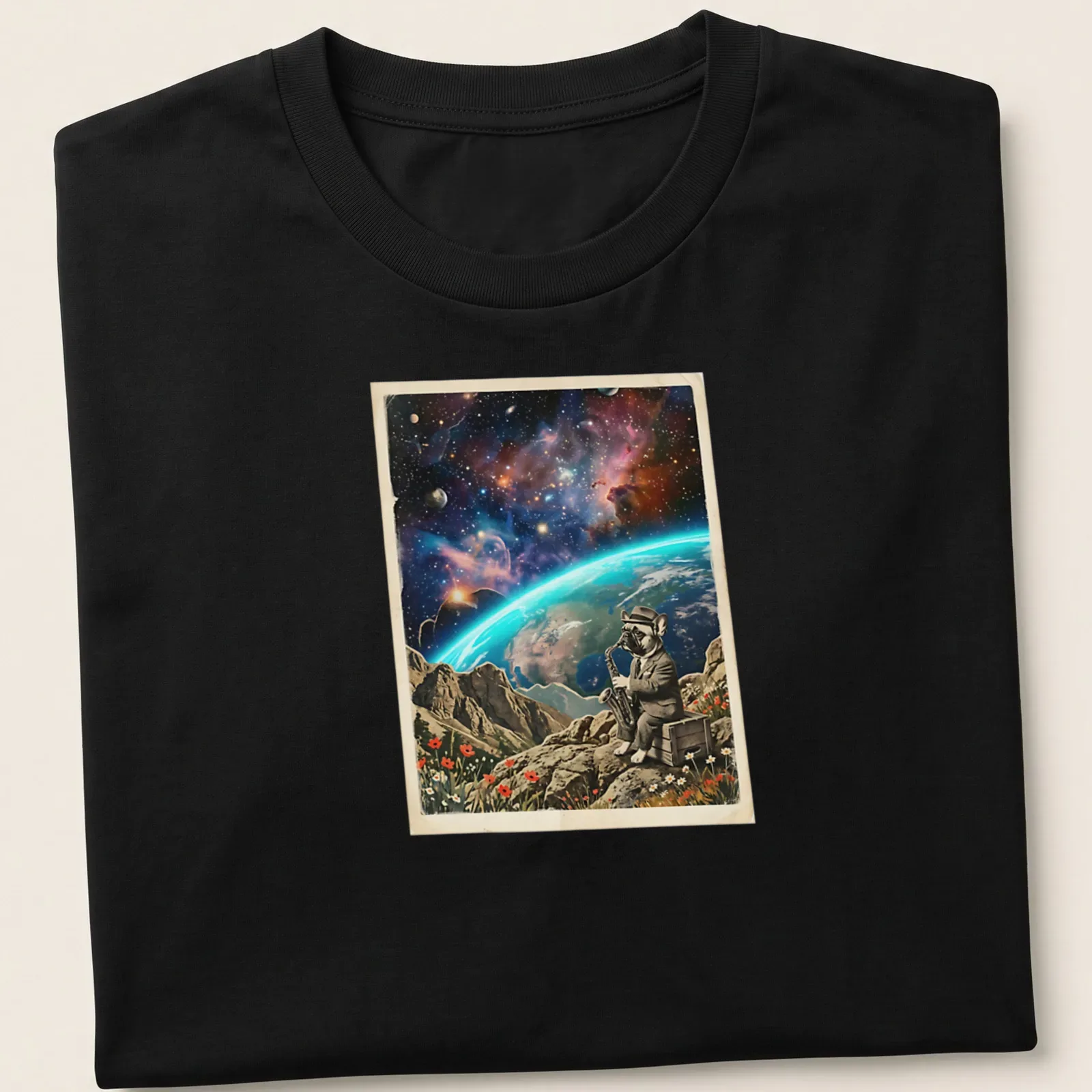 French Bulldog saxophonist in cosmic colors playing the saxophone. — printed on a unisex t-shirt