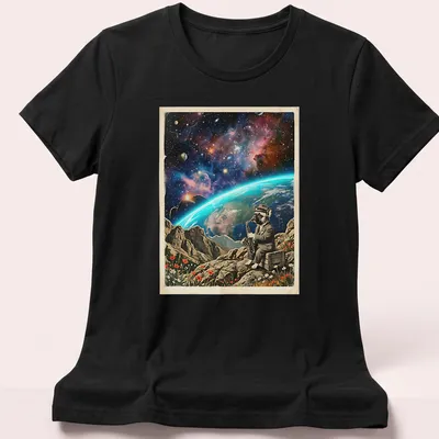 French Bulldog saxophonist in cosmic colors playing the saxophone. — printed on a women's shirt