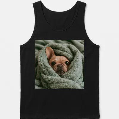 Realistic illustration of a French Bulldog wrapped in a soft blanket — printed on a tank top
