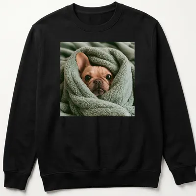 Realistic illustration of a French Bulldog wrapped in a soft blanket — printed on a unisex sweatshirt