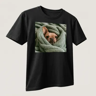 Realistic illustration of a French Bulldog wrapped in a soft blanket — printed on a unisex t-shirt (angled view)