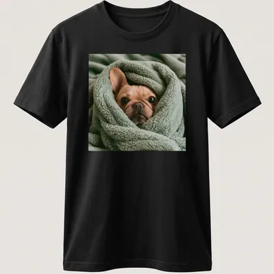 Realistic illustration of a French Bulldog wrapped in a soft blanket