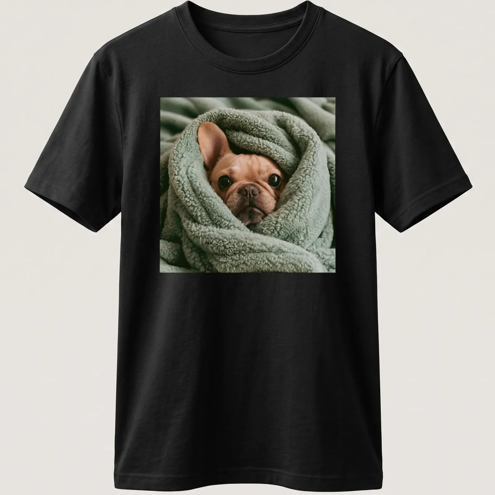 Realistic illustration of a French Bulldog wrapped in a soft blanket — printed on a unisex t-shirt