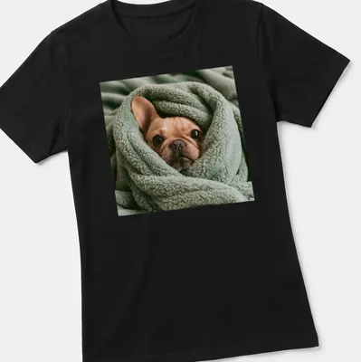 Realistic illustration of a French Bulldog wrapped in a soft blanket — printed on a women's shirt