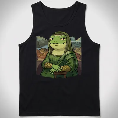 Cartoon graphic of a frog styled as the Mona Lisa with playful lettering — printed on a tank top