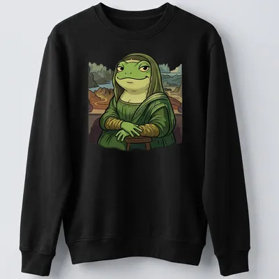 Cartoon graphic of a frog styled as the Mona Lisa with playful lettering — printed on a unisex sweatshirt