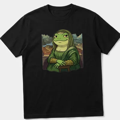 Cartoon graphic of a frog styled as the Mona Lisa with playful lettering