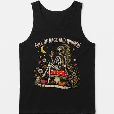 Whimsical skeleton on a mushroom with vibrant colors and text above. — printed on a tank top
