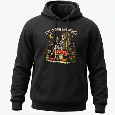 Whimsical skeleton on a mushroom with vibrant colors and text above. — printed on a unisex hoodie
