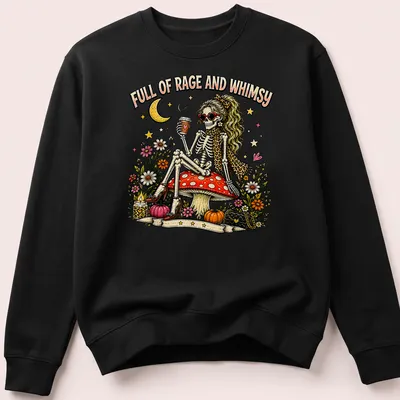 Whimsical skeleton on a mushroom with vibrant colors and text above. — printed on a unisex sweatshirt
