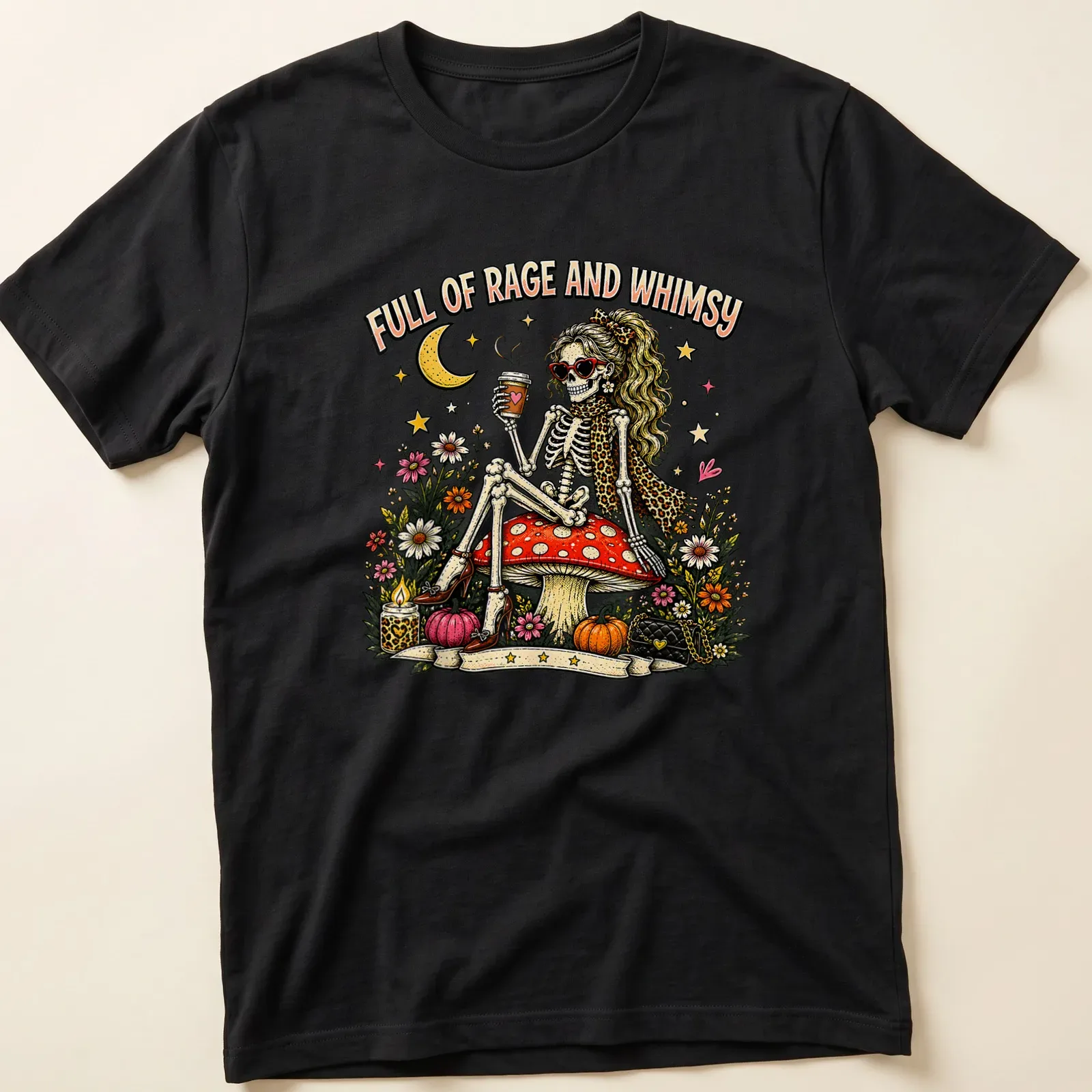 Whimsical skeleton on a mushroom with vibrant colors and text above. — printed on a unisex t-shirt