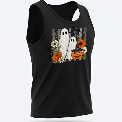 Vintage illustration of friendly ghosts with a pumpkin and colorful flowers for Halloween — printed on a tank top