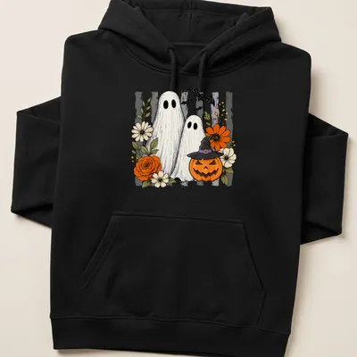 Vintage illustration of friendly ghosts with a pumpkin and colorful flowers for Halloween — printed on a unisex hoodie