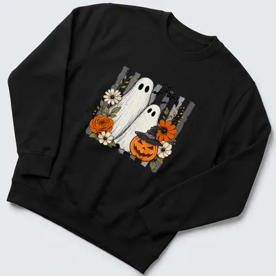 Vintage illustration of friendly ghosts with a pumpkin and colorful flowers for Halloween — printed on a unisex sweatshirt