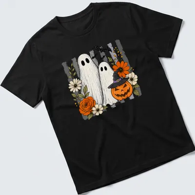 Vintage illustration of friendly ghosts with a pumpkin and colorful flowers for Halloween