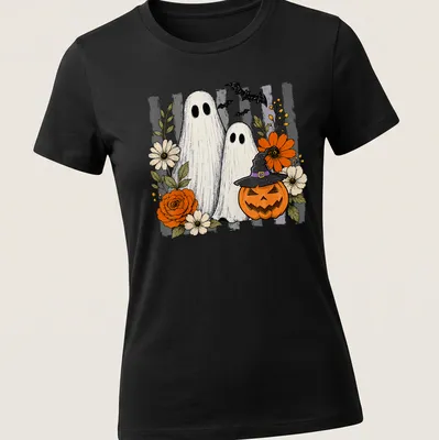 Vintage illustration of friendly ghosts with a pumpkin and colorful flowers for Halloween — printed on a women's shirt