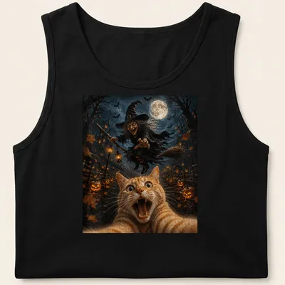 Realistic print of a cat taking a selfie with a witch and moon — printed on a tank top