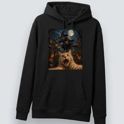 Realistic print of a cat taking a selfie with a witch and moon — printed on a unisex hoodie