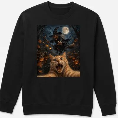 Realistic print of a cat taking a selfie with a witch and moon — printed on a unisex sweatshirt