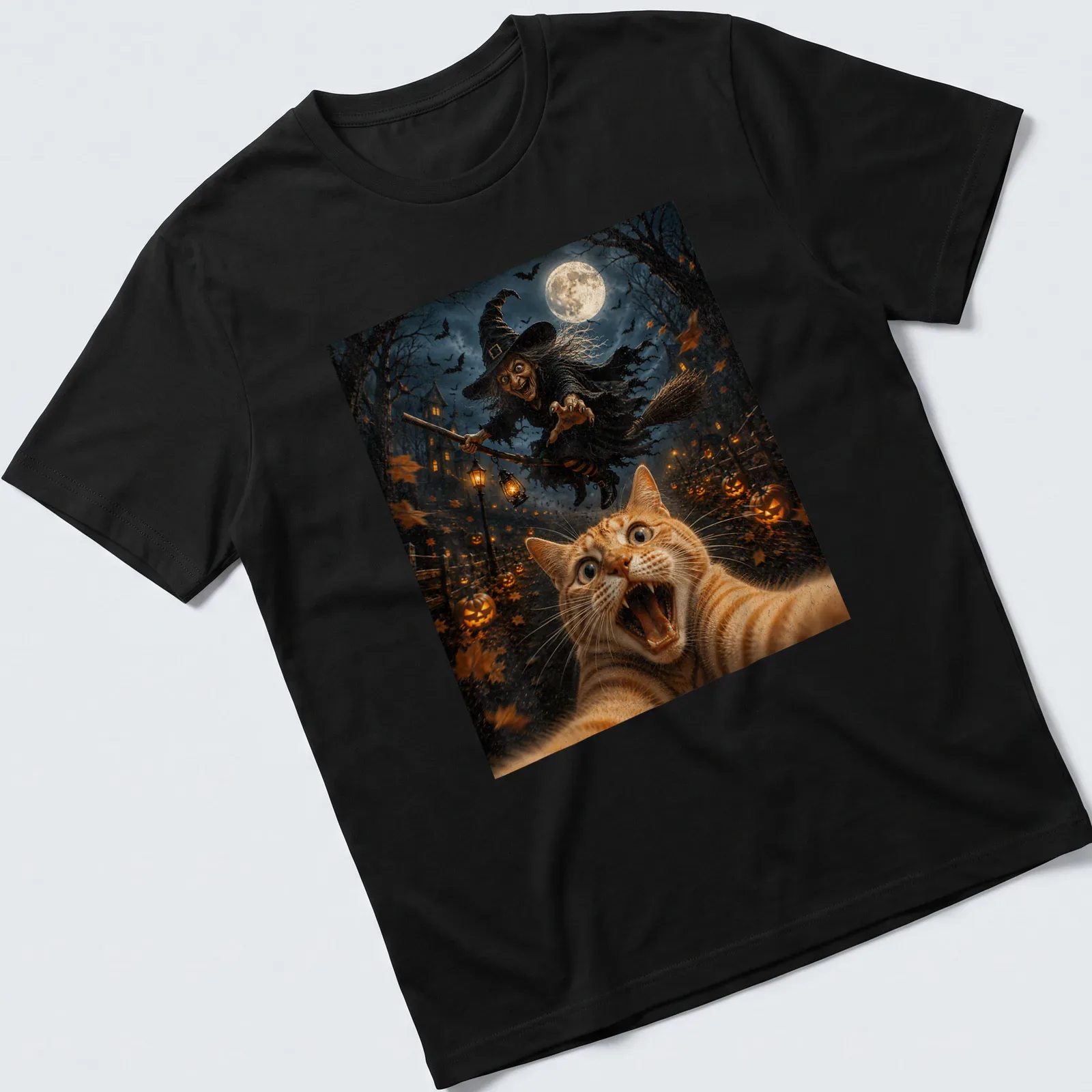Realistic print of a cat taking a selfie with a witch and moon — printed on a unisex t-shirt