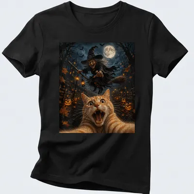Realistic print of a cat taking a selfie with a witch and moon — printed on a women's shirt