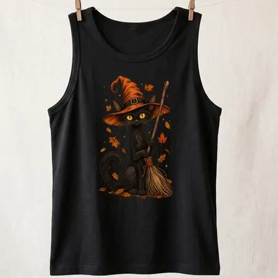 Whimsical illustration of a black cat in a witch hat holding a broom for Halloween — printed on a tank top