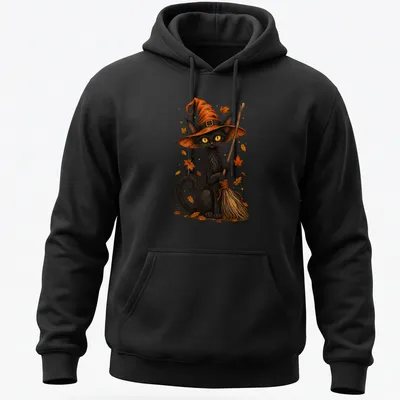 Whimsical illustration of a black cat in a witch hat holding a broom for Halloween — printed on a unisex hoodie