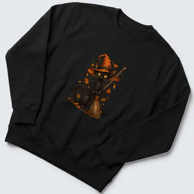 Whimsical illustration of a black cat in a witch hat holding a broom for Halloween — printed on a unisex sweatshirt