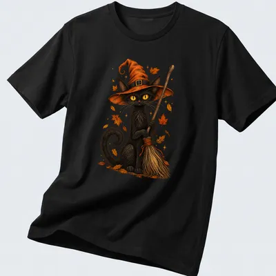 Whimsical illustration of a black cat in a witch hat holding a broom for Halloween