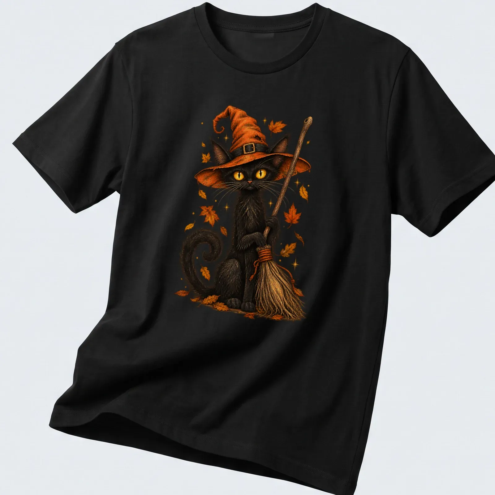 Whimsical illustration of a black cat in a witch hat holding a broom for Halloween — printed on a unisex t-shirt