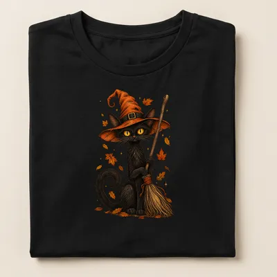 Whimsical illustration of a black cat in a witch hat holding a broom for Halloween — printed on a women's shirt