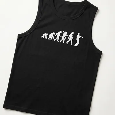 Minimalist illustration of the evolution of a trumpeter on white fabric — printed on a tank top