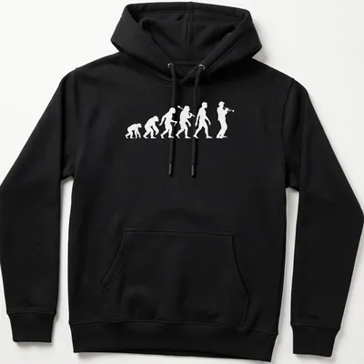 Minimalist illustration of the evolution of a trumpeter on white fabric — printed on a unisex hoodie