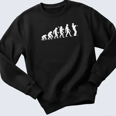 Minimalist illustration of the evolution of a trumpeter on white fabric — printed on a unisex sweatshirt