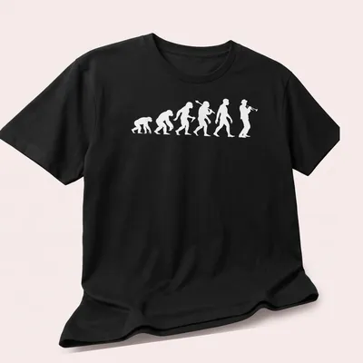 Minimalist illustration of the evolution of a trumpeter on white fabric — printed on a unisex t-shirt (angled view)