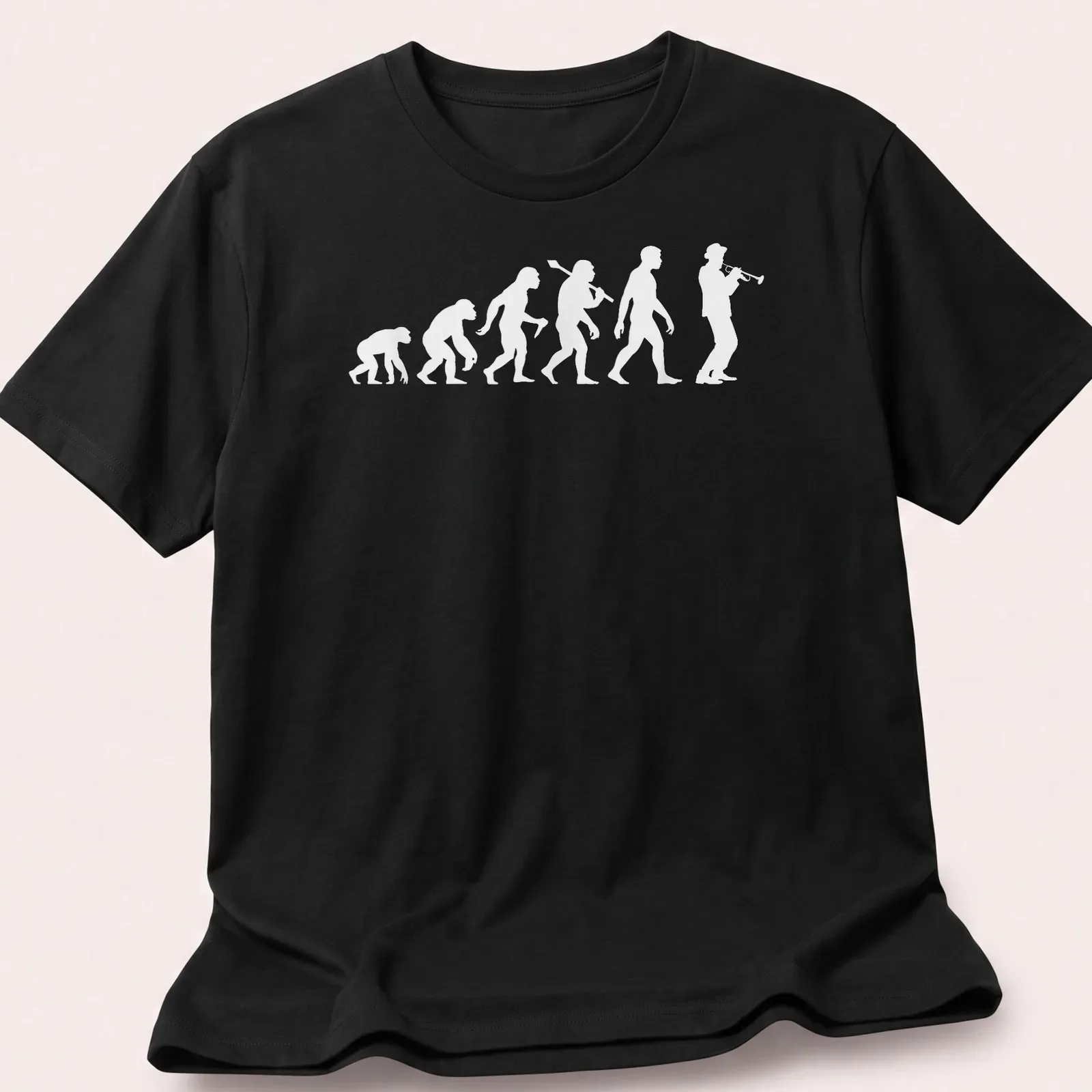Minimalist illustration of the evolution of a trumpeter on white fabric — printed on a unisex t-shirt