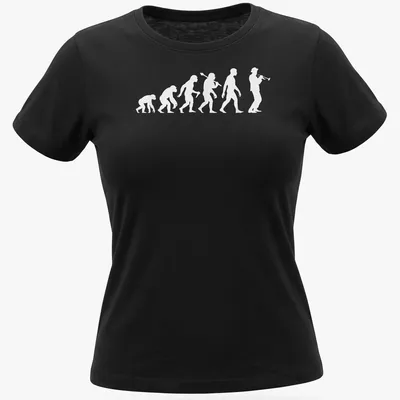 Minimalist illustration of the evolution of a trumpeter on white fabric — printed on a women's shirt