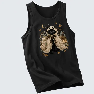 Black cat in ghost costume with vintage gothic style in cream, gold, orange, and green — printed on a tank top