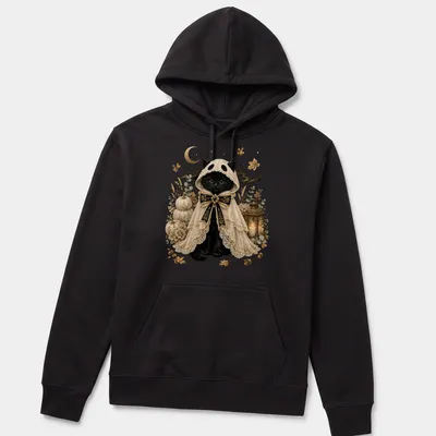 Black cat in ghost costume with vintage gothic style in cream, gold, orange, and green — printed on a unisex hoodie